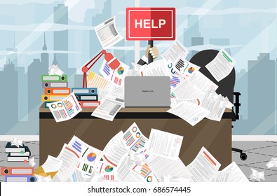 Businessman needs help under a lot of documents and holding a HELP placard, in office.