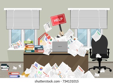Businessman needs help under a lot of documents and holding a HELP placard, in office.