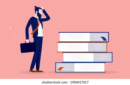 Businessman needs to learn and adapt - Man looking at books and scratching his head. Personal development and the need to learn new skills concept. Vector illustration. 