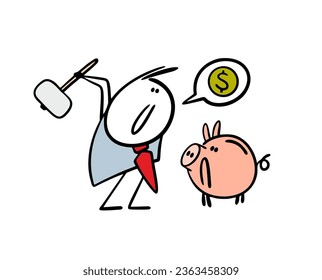 Businessman needs money, swings at a piggy bank with a hammer, smashes a porcelain safe. Vector illustration of satisfied man with hammer and a dollar sign. Funny character isolated on white.