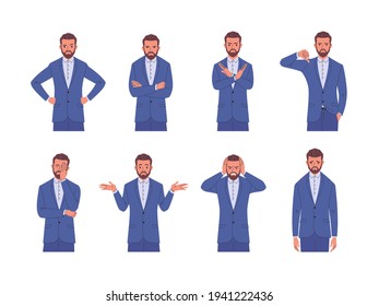 Businessman negative emotions set. Vector illustration of a young adult man in a blue business suit who shows various negative emotions and feelings by poses and gestures. Isolated on white 