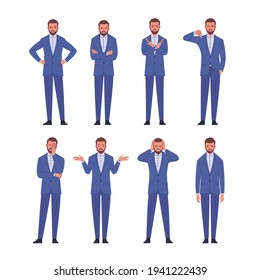 Businessman negative emotions set. Vector illustration of a young adult man in a blue business suit who shows various negative emotions and feelings by poses and gestures. Isolated on white 