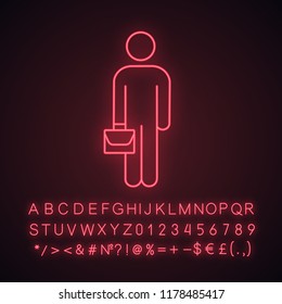 Businessman neon light icon. Worker. Investor, manager. Person with briefcase. Glowing sign with alphabet, numbers and symbols. Vector isolated illustration