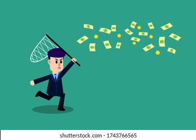 Businessman with a net in his hand chases money. Business Concept. Vector illustration