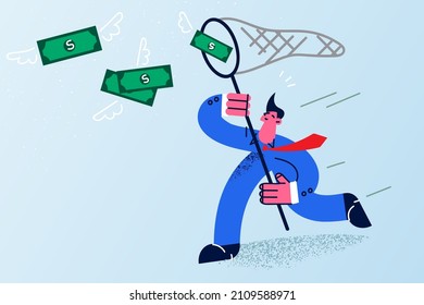 Businessman with net run after dollars hope for easy earning or revenue. Male employee or worker catch money banknotes. Finance success and luck concept. Flat vector illustration. 