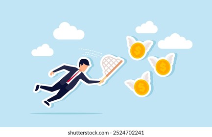 A businessman with a net is trying to catch a group of flying dollar coins with wings, an illustration of the act of collecting dollar assets.