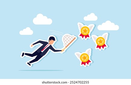 A businessman with a net is trying to catch a group of flying award medals with wings, an illustration of the act of collecting awards and becoming a successful entrepreneur.