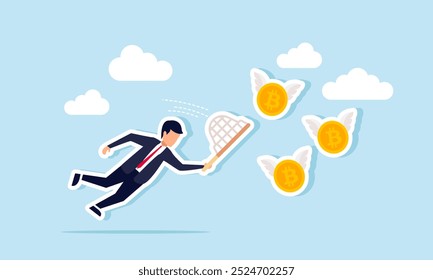 Um empresário com uma rede está tentando pegar um grupo de bitcoins voadores com asas, uma ilustração do ato de comprar ou coletar ativos de bitcoin.
