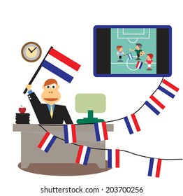 Businessman with Netherlands Flag in hand and TV live soccer