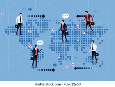 Businessman network deal on world map background. On line deal. Business concept illustration vector clip art design