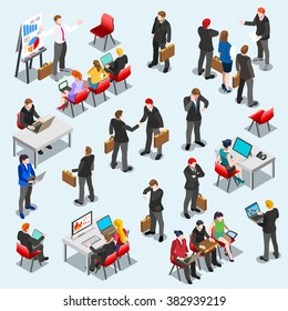 Businessman Network Isolated Business Market Management Infographic Element Icon Sale Lead Finance Set Office Meeting Work Place 3D Isometric People Sit Person Desk Bank Stock Exchange Manager Vector