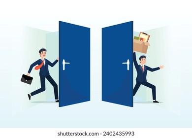 Businessman new hire entering office while other resigned for new job, staff turnover or job rotation in people management, human resources to manage to recruit new people for replacement (Vector)