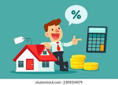 Businessman with new house calculates mortgage rate. Mortgage loan, House purchased concept.