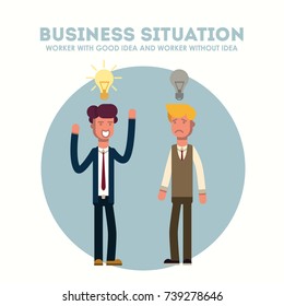 Businessman with new idea and one without. Vector, Illustration, Flat.