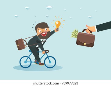 Businessman with new idea riding a bicycle towards a hand holding money bag. Investment or Monetization concept. Vector colorful illustration