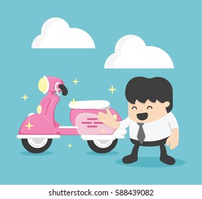 Businessman with a new pink scooter.