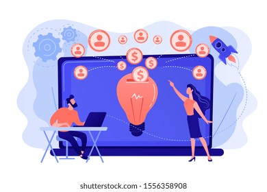 Businessman with new project at laptop and people funding it via internet. Crowdfunding, crowdsourcing project, alternative financing concept. Pinkish coral bluevector isolated illustration