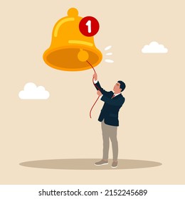 Businessman new subscriber ringing the big bell with notification number. Ring subscription bell to get reminder for new social media content.