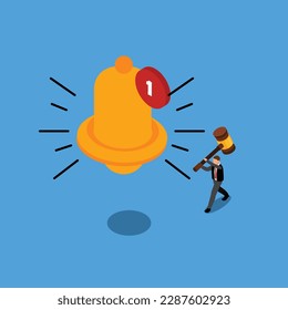 Businessman new subscriber ringing the big bell with notification number 3d isometric vector illustration concept for banner, website, landing page, ads, flyer template