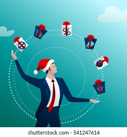 The businessman in a New Year cap with a happy smile juggles gift with boxes and gifts on a blue background. Concept idea. Vector illustration.