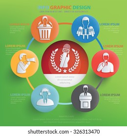 Businessman and news info graphic design on green background, vector