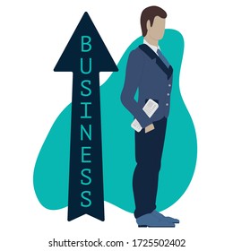 Businessman with newspaper. Up arrow - rise in financial stocks. Successful business man with a growing business. Man in handsome suit. Vector illustration with shadows. Design for financial concept.