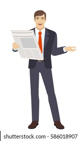Businessman with newspaper gesturing. Full length portrait of businessman in a flat style. Vector illustration.