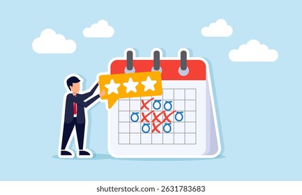 Businessman next to calendar schedule holding chat dialog with three stars illustration of timeline strategy to improve business quality standards
