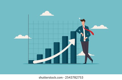 Businessman next to rising bar graph is perfect for presentations, financial reports, business articles, success stories, and motivational content. Investment profit growth, financial advisor