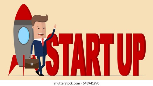 Businessman next to rocket with text startup. Start up business concept. Vector illustration