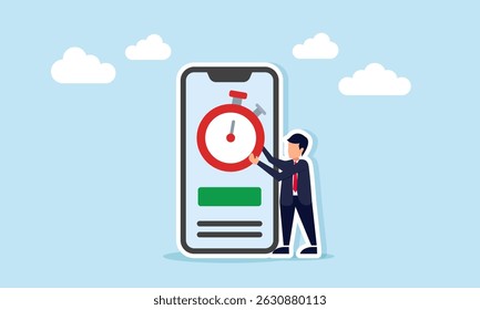 Businessman next to smartphone holding stopwatch illustration of setting project timeline for digital business completion