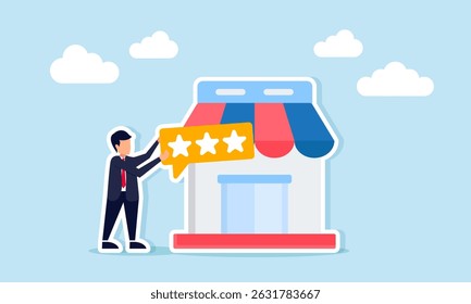 Businessman next to store holding chat dialog with three stars illustration of marketplace with good quality standards