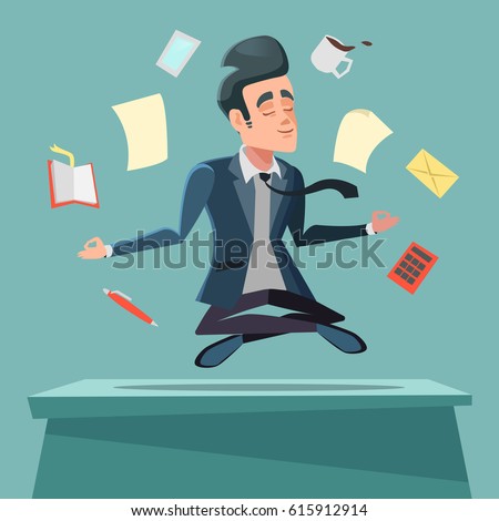 Businessman in Nirvana at Office Work. Man Meditating. Vector cartoon illustration