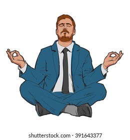 Businessman in nirvana. Relaxed businessman. Search yourself, relax. Harmony with the world. Man resting. Man meditating. Rest of stress at work. Man relax in the vacation. Vector. Man and relax