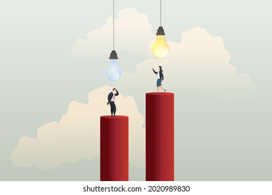 Empresario sin idea bajo la bombilla se apagó, pero una mujer de negocios parada bajo una bombilla de luz, solución de concepto creativa y visión, ambición exitosa. vector de ilustración