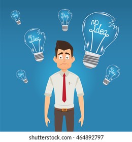 Businessman with no ideas. Business concept ideas lamps cartoon illustration