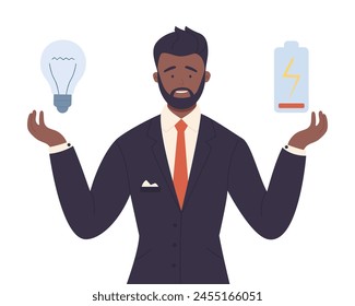 Businessman with no ideas holding dark light bulb and low battery in hands vector illustration