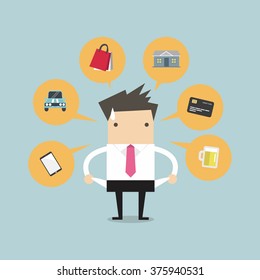 Businessman with no money for spending, vector illustration.