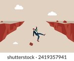 Businessman not successful jump over the chasm. leadership business concept. Flat vector illustration