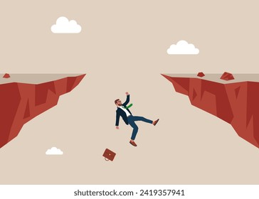 Businessman not successful jump over the chasm. leadership business concept. Flat vector illustration