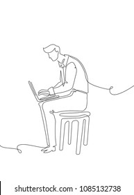 Businessman with a notebook - one continuous line design style illustration isolated on white background. A young man sitting on a chair working hard at the computer