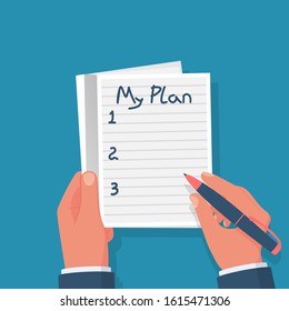 Businessman in a notebook writes a plan. Personal planning. Motivation, goals in life. Vector illustration flat design. Isolated on background. Blank notebook with a list. Accounts report.
