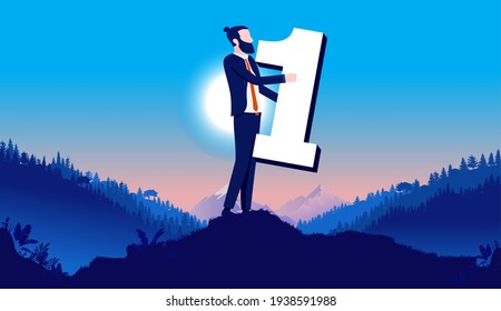 Businessman number one - Man holding number in hands outdoors in landscape. Best, first place and on top concept. Vector illustration.