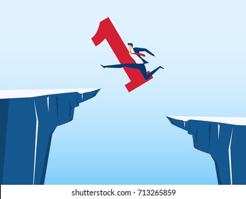 Businessman with number one red color jump through the gap between hill. Running and jump over cliffs. Business risk and success concept. Cartoon Vector Illustration.