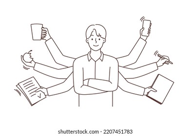 Businessman with numerous hands multitasking. Smiling successful man find balance do various tasks at work. Vector illustration. 