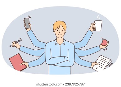 Businessman with numerous hands multitasking. Smiling successful man find balance do various tasks at work. Vector illustration.