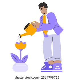 Businessman nurturing growth concept. A professional watering a symbolic flower illustrating personal development. Career nurturing concept. Vector illustration.