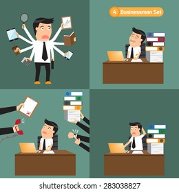 businessman with object in many business concept. employee in working hard vector illustration.