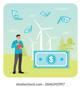 A businessman observes financial growth represented by dollar bills and wind turbines. Symbolizing investment and the benefits of renewable energy and a sustainable future. Climate change concept.