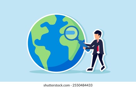 A businessman observes a globe using a magnifying glass, illustration of analyzing strategies to become an international-scale business